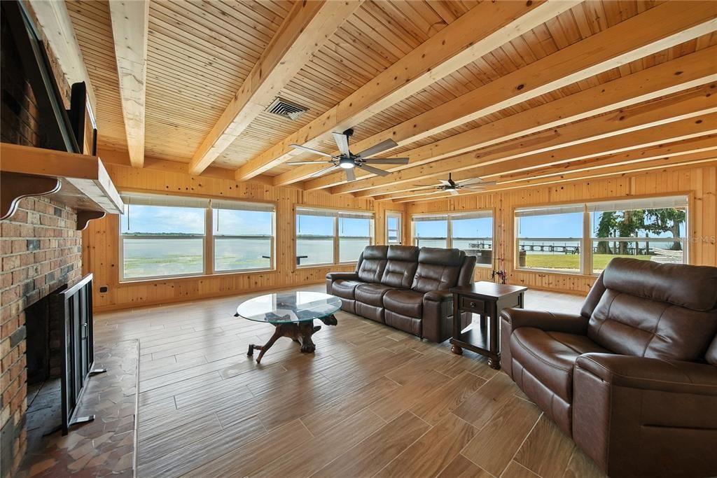 Fireplace, Interior, Living room, Stone Walls, Water, Wooden Beams, Wooden Ceilings, Wood Texture Flooring, Wooden Walls