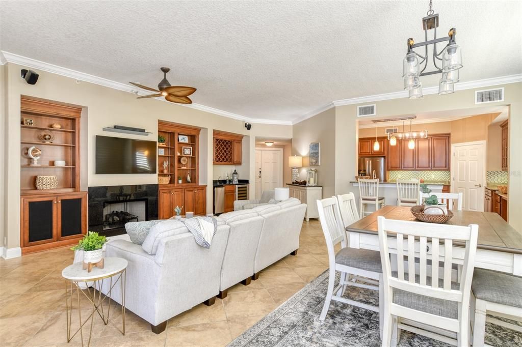 Dining room, Fireplace, Interior, Living room, Pendant Lights
