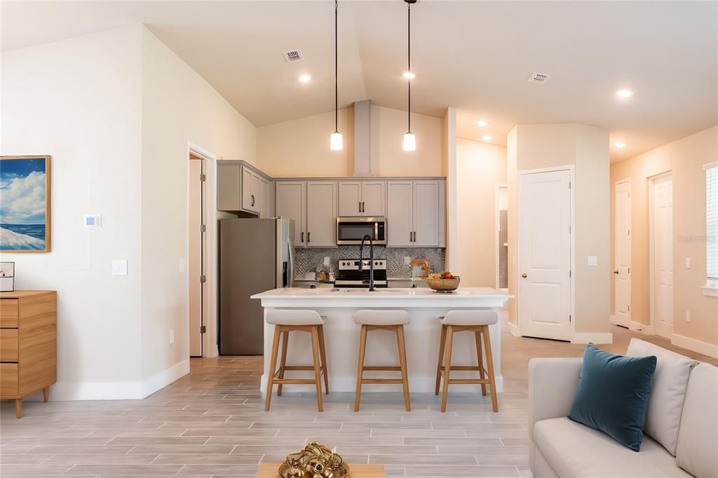 Interior, Kitchen, Pendant Lights, Recessed Lighting, Stainless Steel Appliances, Wood Texture Flooring