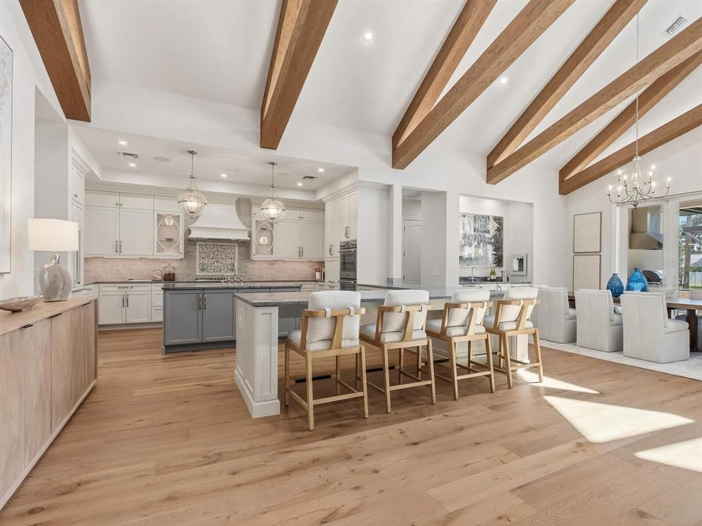 Chandelier, Interior, Kitchen, Pendant Lights, Recessed Lighting, Wooden Beams, Wood Texture Flooring