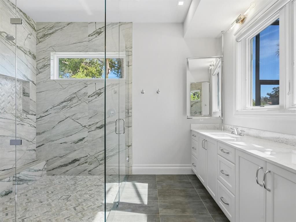 Bathroom, Glass Shower, Interior, Marble Walls, Recessed Lighting
