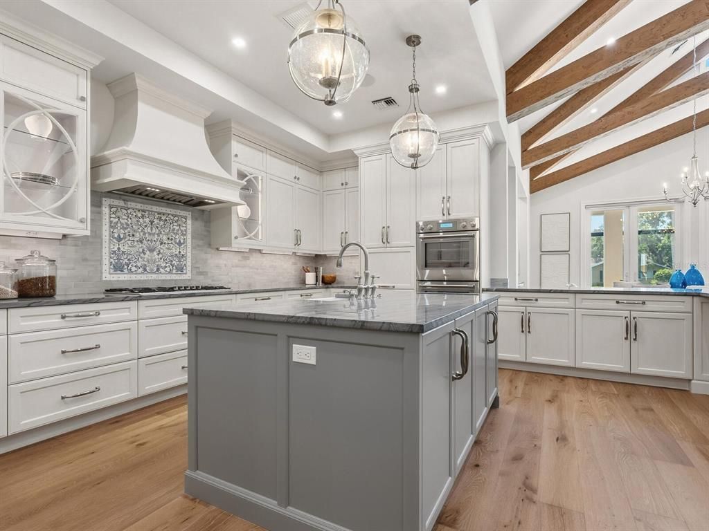 Interior, Kitchen, Pendant Lights, Recessed Lighting, Stainless Steel Appliances, Wooden Beams, Wood Texture Flooring