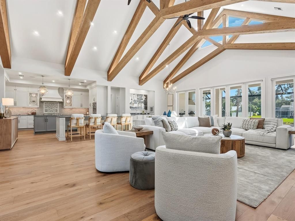 Interior, Kitchen, Living room, Pendant Lights, Recessed Lighting, Wooden Beams, Wood Texture Flooring