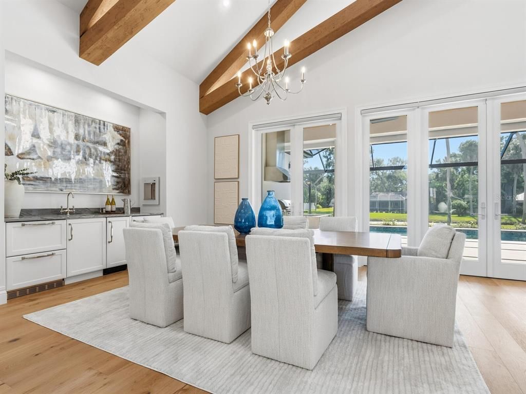Chandelier, Dining room, Interior, Wooden Beams, Wood Texture Flooring