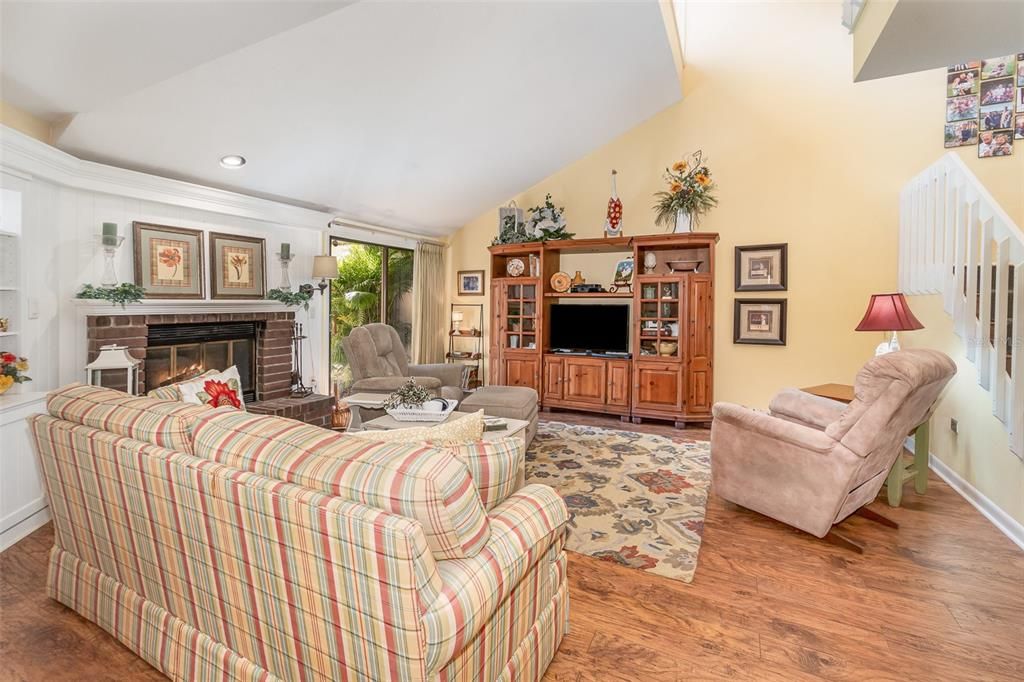 Fireplace, Interior, Living room, Recessed Lighting, Wood Texture Flooring