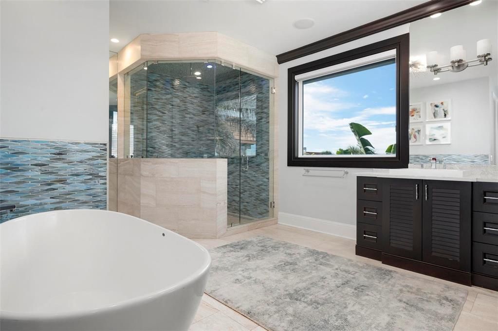 Bathroom, Free Standing Baths, Glass Shower, Interior, Recessed Lighting