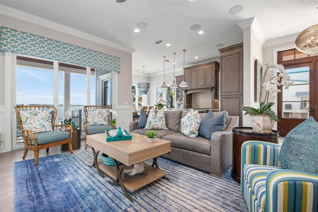 Interior, Kitchen, Living room, Pendant Lights, Recessed Lighting, Water, Wood Texture Flooring