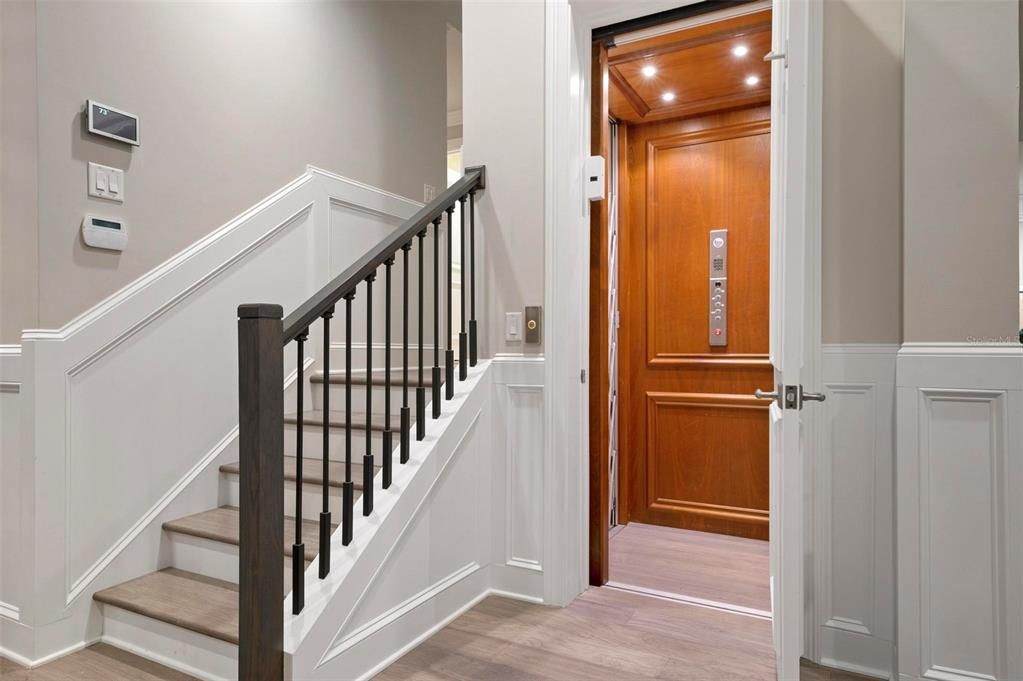 Elevator, Interior, Recessed Lighting, Wooden Ceilings, Wood Texture Flooring, Wooden Walls