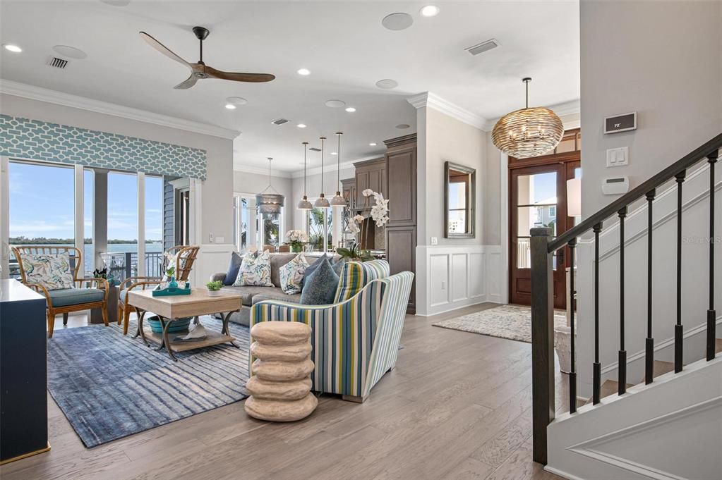 Chandelier, Interior, Living room, Pendant Lights, Recessed Lighting, Water, Wood Texture Flooring