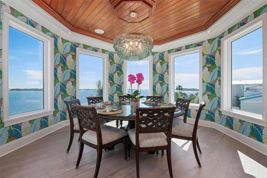 Chandelier, Dining room, Interior, Recessed Lighting, Water, Wooden Ceilings, Wood Texture Flooring