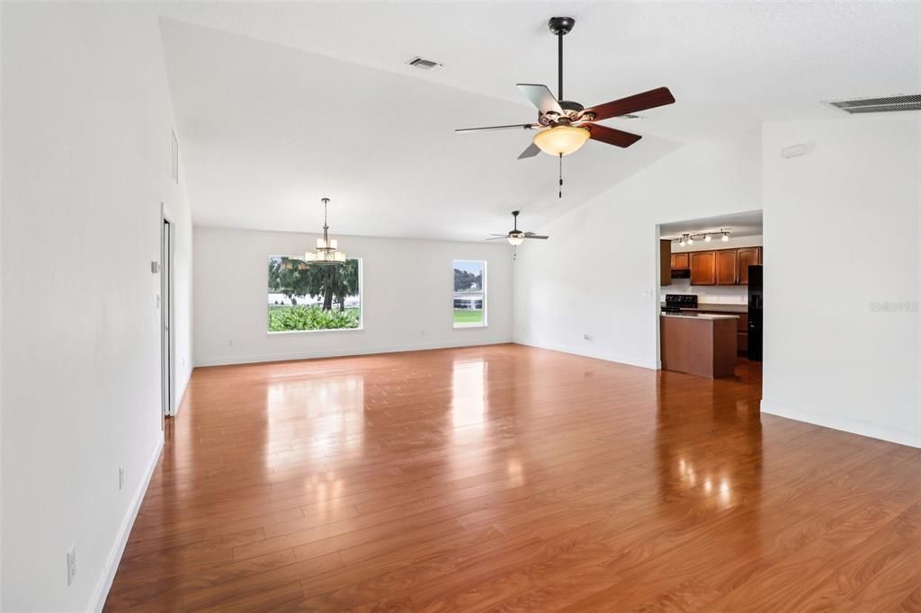 Empty room, Interior, Kitchen, Pendant Lights, Wood Texture Flooring