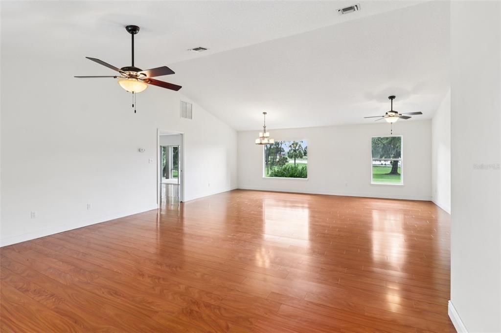 Chandelier, Empty room, Interior, Pendant Lights, Wood Texture Flooring