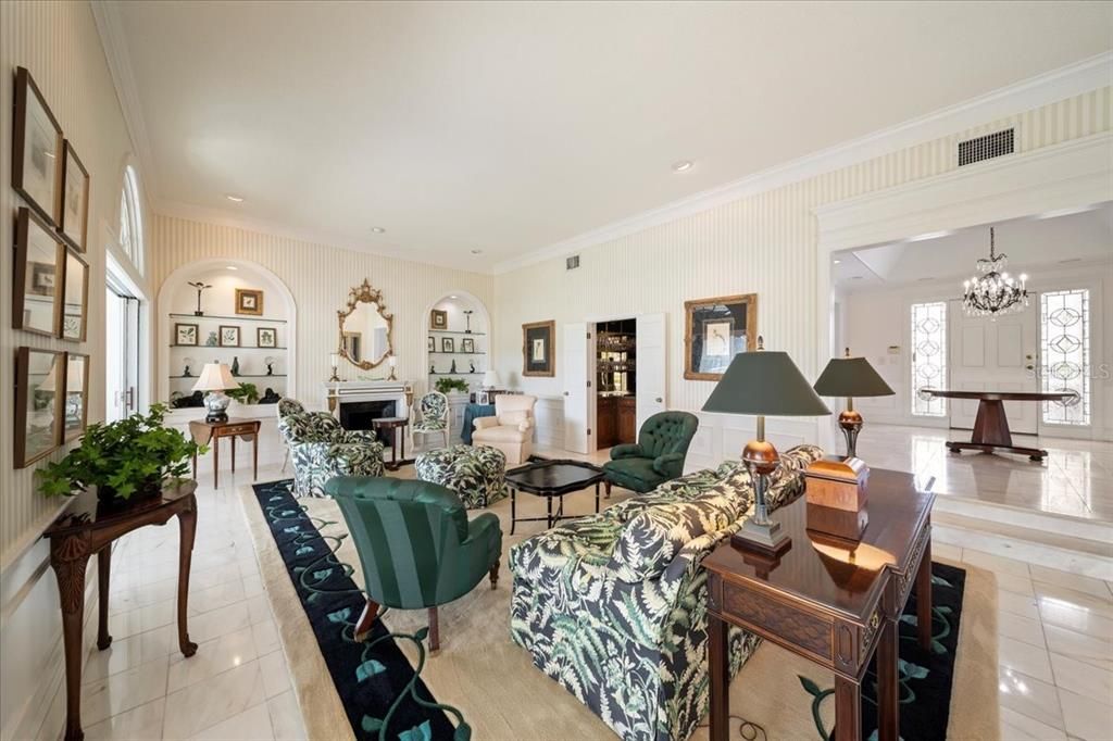 Chandelier, Fireplace, Interior, Living room, Recessed Lighting