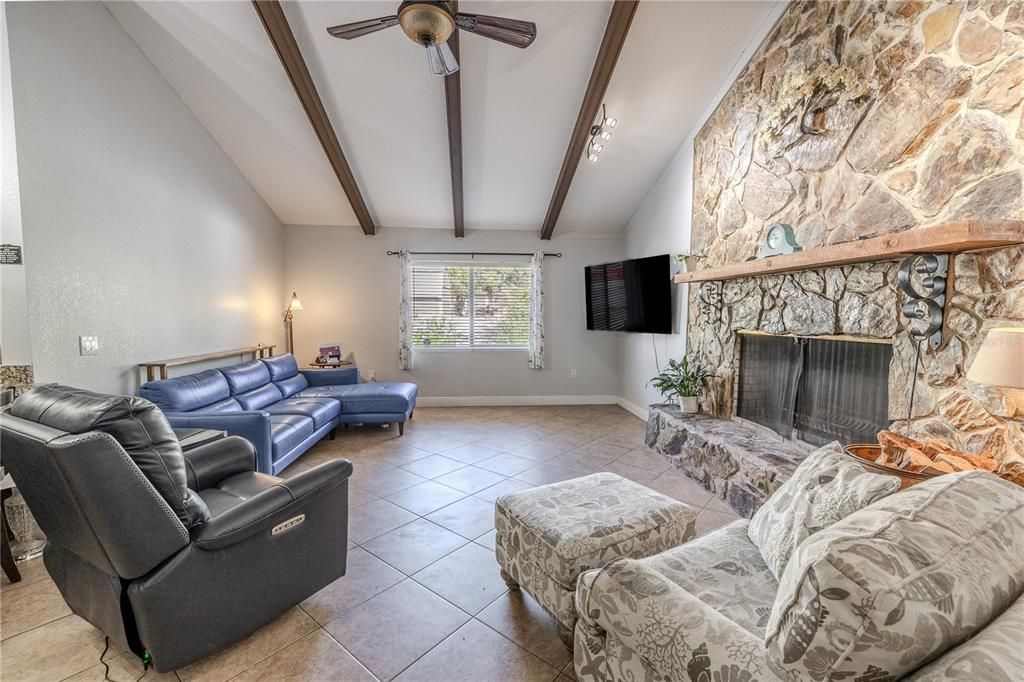 Fireplace, Interior, Living room, Stone Walls, Wooden Beams