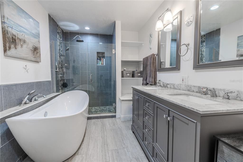 Bathroom, Dual Sink Vanities, Free Standing Baths, Glass Shower, Interior, Marble, Recessed Lighting