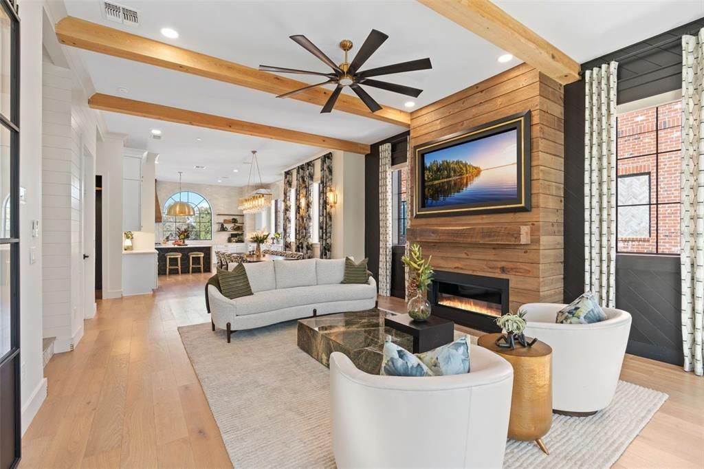 Fireplace, Interior, Living room, Pendant Lights, Recessed Lighting, Stone Walls, Wooden Beams, Wood Texture Flooring, Wooden Walls