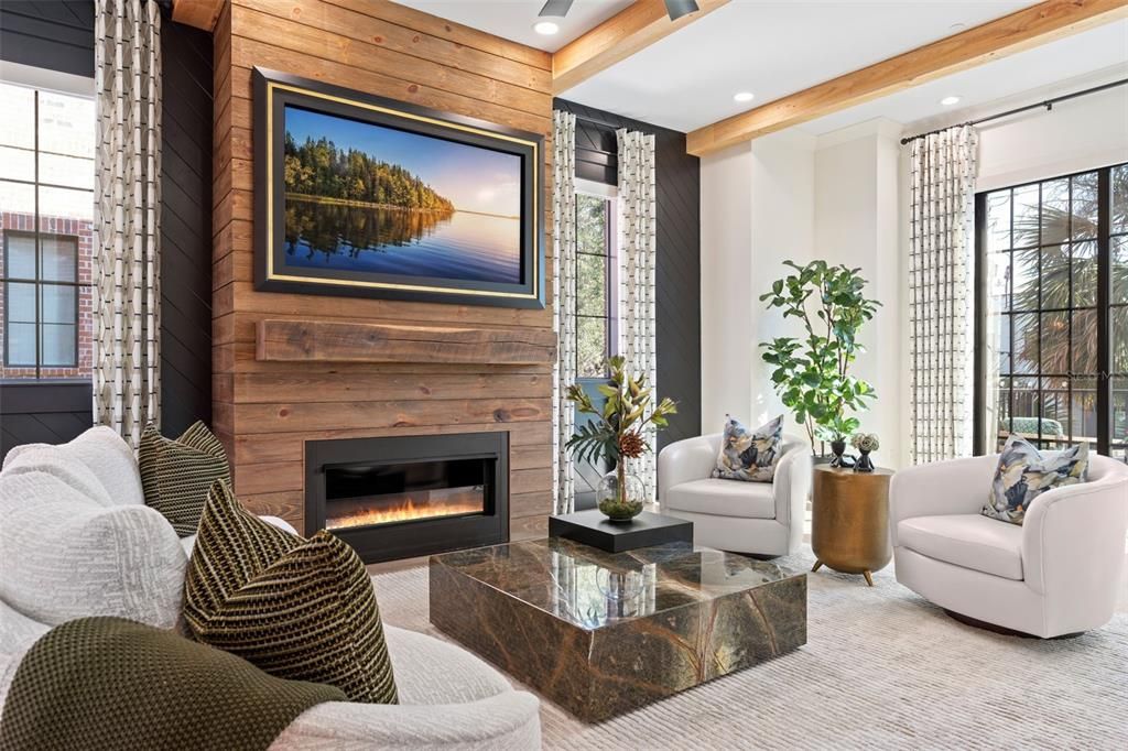 Fireplace, Interior, Living room, Recessed Lighting, Wooden Walls