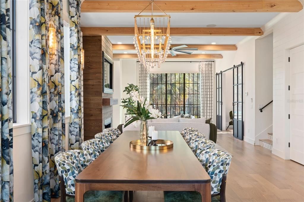 Chandelier, Dining room, Interior, Living room, Recessed Lighting, Wooden Beams, Wood Texture Flooring
