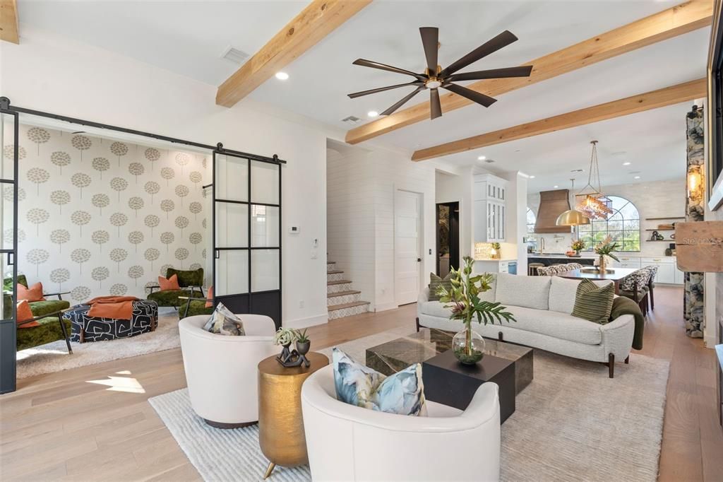 Dining room, Interior, Kitchen, Living room, Pendant Lights, Recessed Lighting, Wooden Beams, Wood Texture Flooring