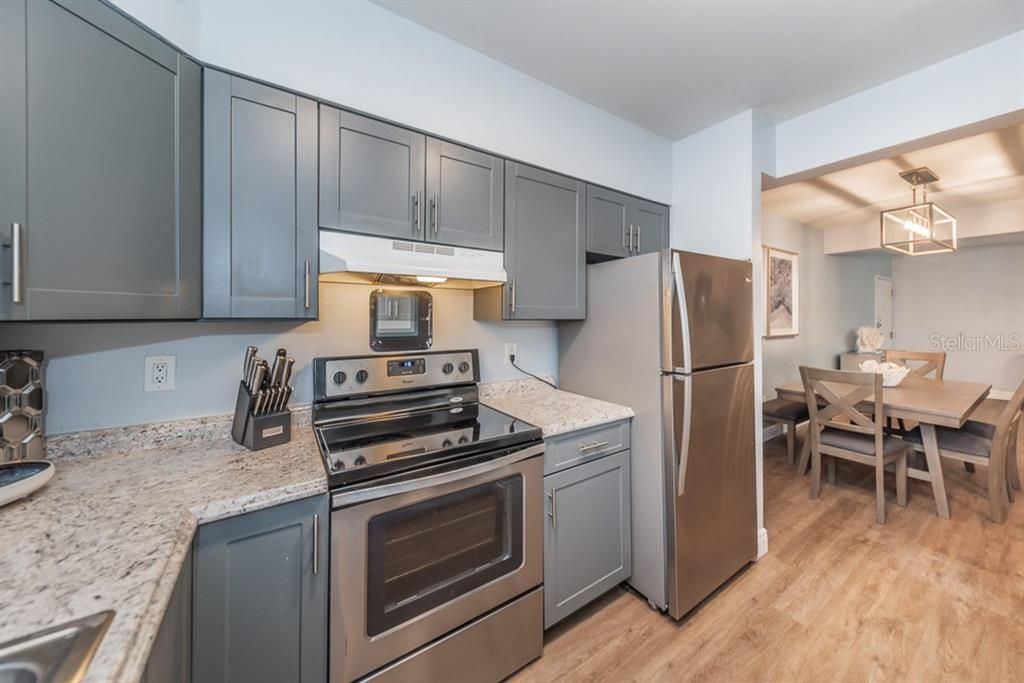 Dining room, Interior, Kitchen, Stainless Steel Appliances, Wood Texture Flooring