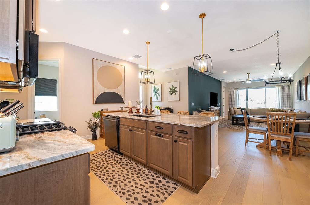 Dining room, Interior, Kitchen, Living room, Pendant Lights, Recessed Lighting, Stainless Steel Appliances, Wood Texture Flooring