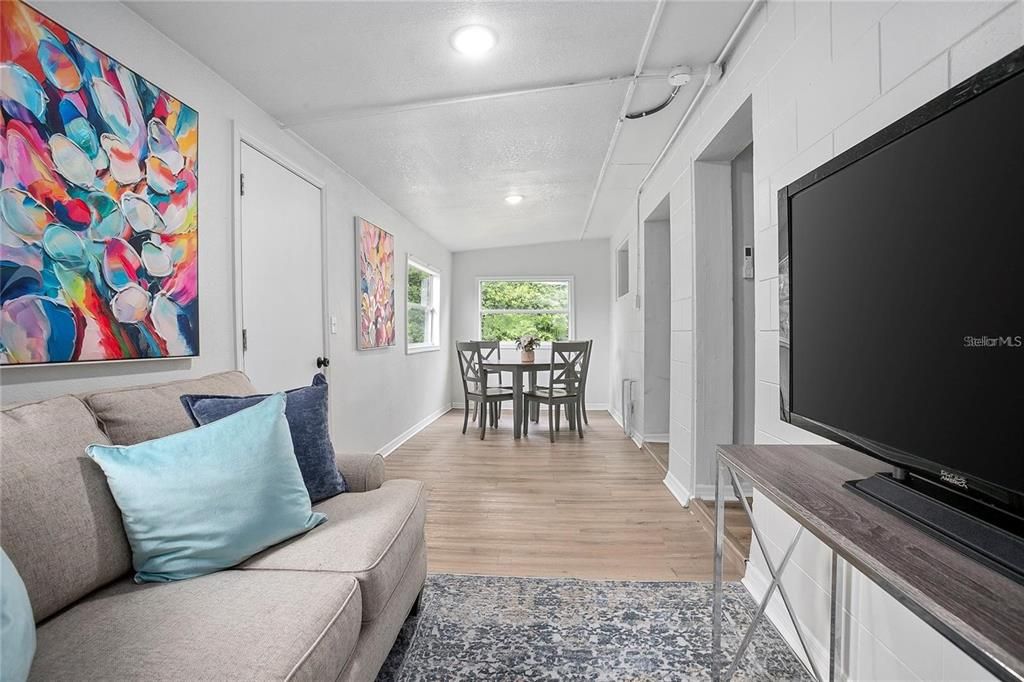 Dining room, Interior, Recessed Lighting, Wood Texture Flooring