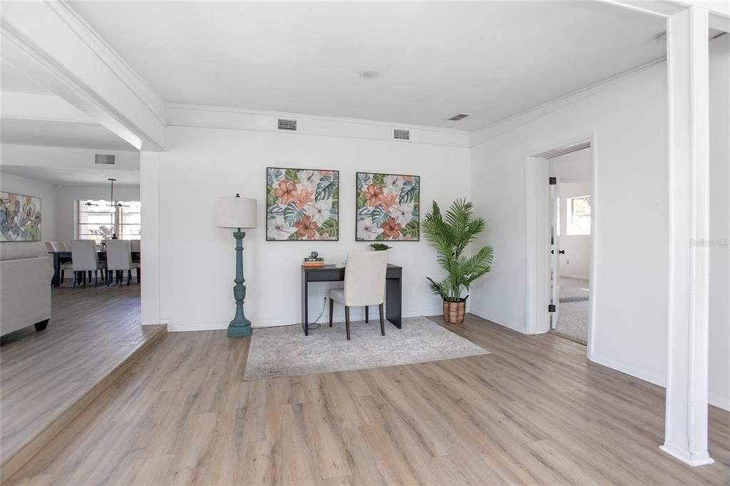 Dining room, Interior, Pendant Lights, Wood Texture Flooring