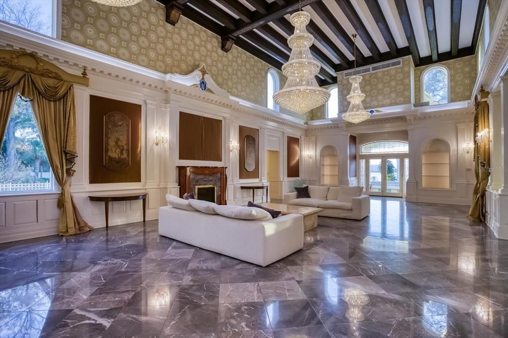 Chandelier, Fireplace, Interior, Living room, Marble