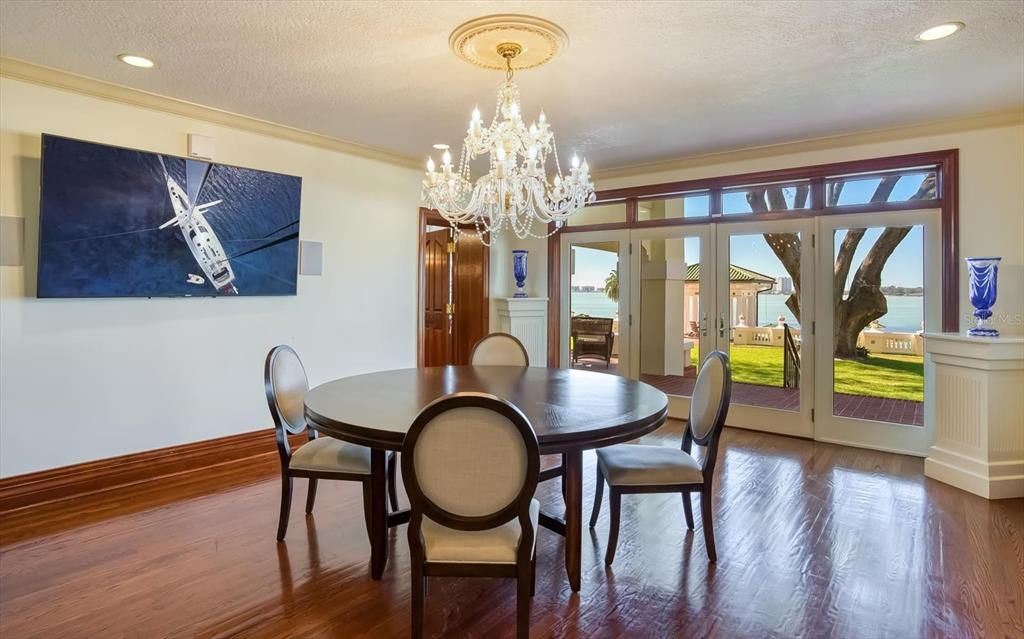 Chandelier, Dining room, Interior, Recessed Lighting, Water, Wood Texture Flooring