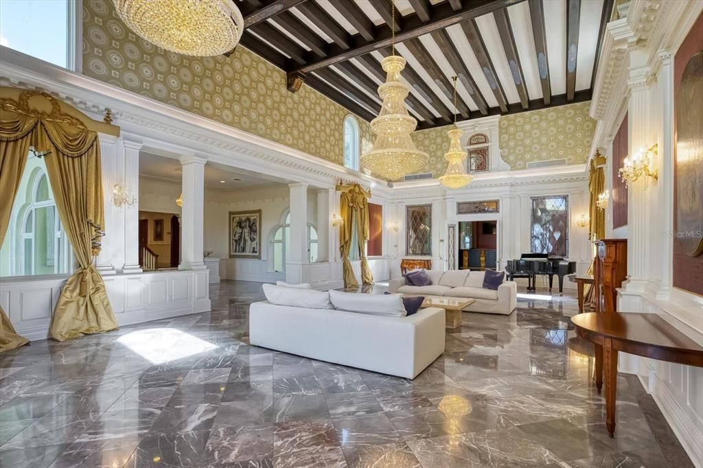 Chandelier, Interior, Living room, Marble, Piano, Recessed Lighting, Wooden Beams
