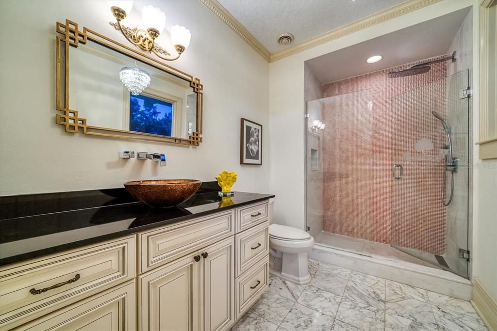 Bathroom, Glass Shower, Interior, Marble, Recessed Lighting