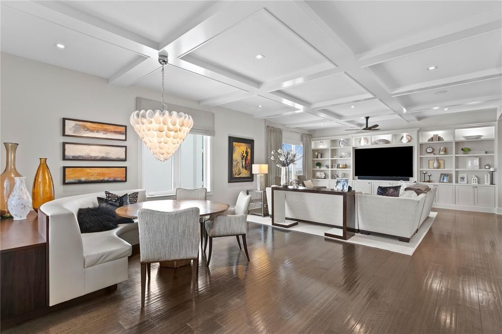Chandelier, Dining room, Interior, Living room, Recessed Lighting, Wood Texture Flooring