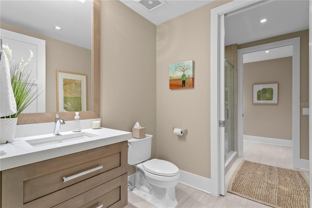 Bathroom, Glass Shower, Interior, Recessed Lighting, Wood Texture Flooring