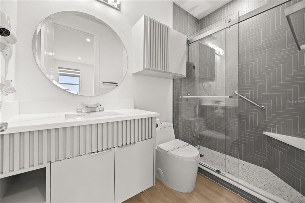 Bathroom, Glass Shower, Interior, Recessed Lighting, Wood Texture Flooring