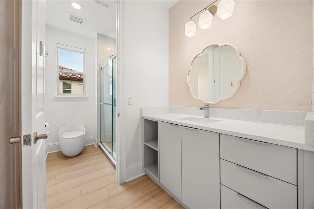Bathroom, Glass Shower, Interior, Recessed Lighting, Wood Texture Flooring