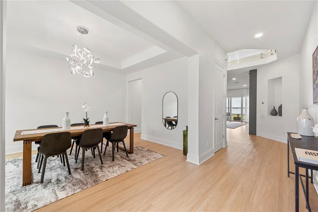 Dining room, Interior, Pendant Lights, Recessed Lighting, Wood Texture Flooring