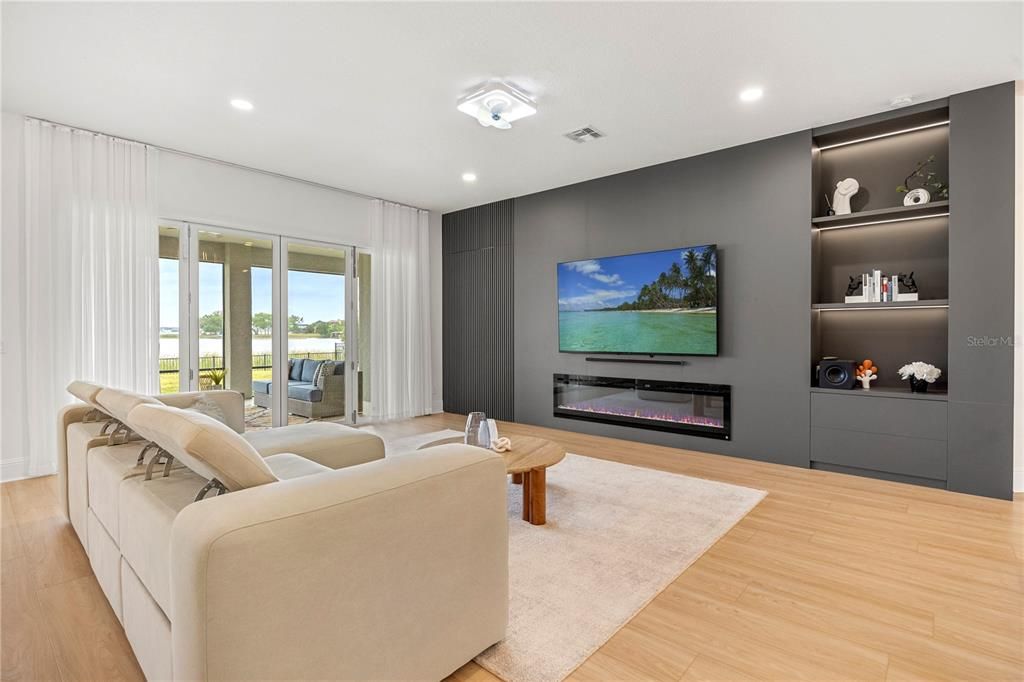 Fireplace, Interior, Living room, Recessed Lighting, Wood Texture Flooring