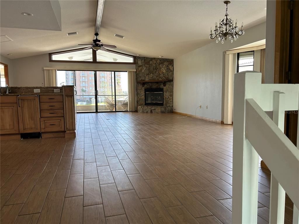 Chandelier, Empty room, Fireplace, Interior, Wood Texture Flooring