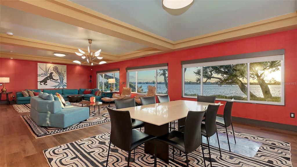 Dining room, Interior, Living room, Pendant Lights, Recessed Lighting, Water, Wood Texture Flooring