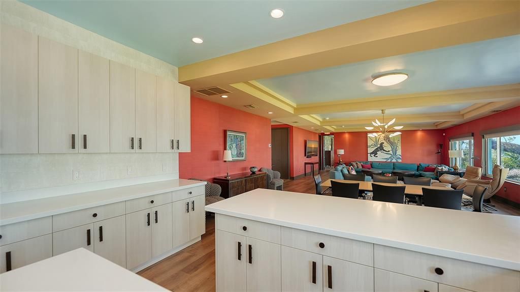 Dining room, Interior, Living room, Recessed Lighting, Wood Texture Flooring