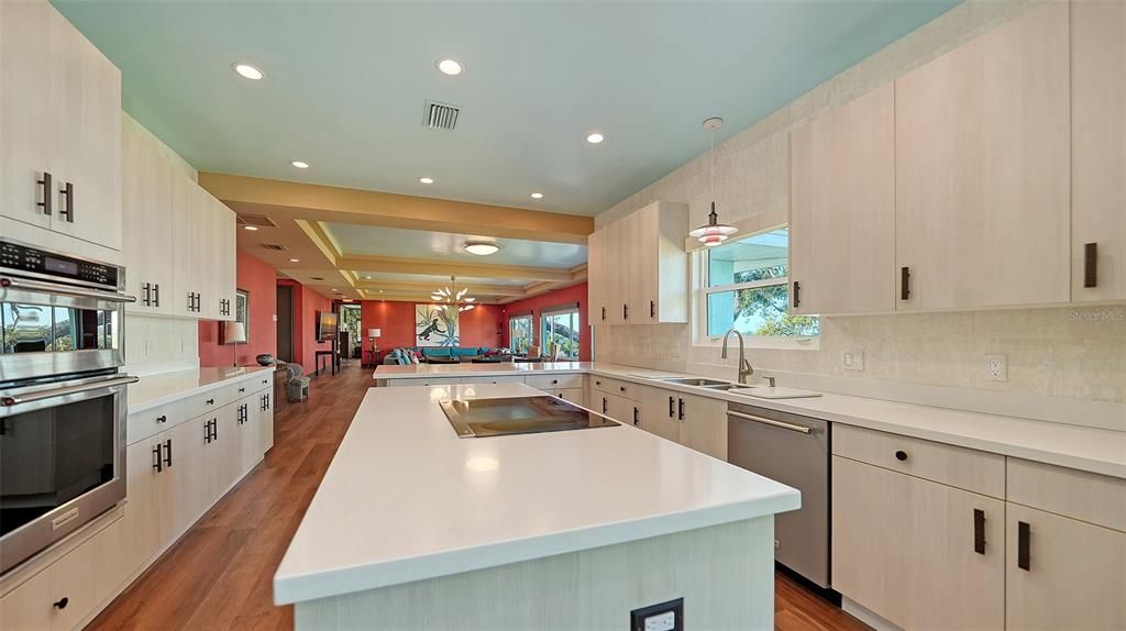 Chandelier, Interior, Kitchen, Recessed Lighting, Stainless Steel Appliances, Wood Texture Flooring