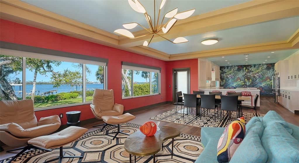 Dining room, Interior, Living room, Pendant Lights, Recessed Lighting, Water, Wood Texture Flooring