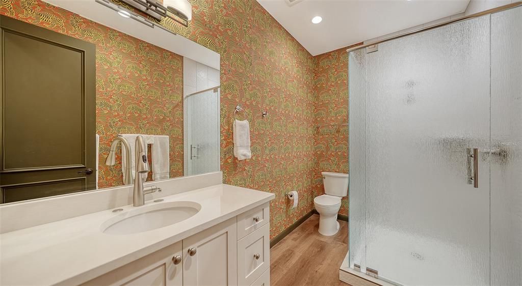 Bathroom, Interior, Recessed Lighting, Wood Texture Flooring