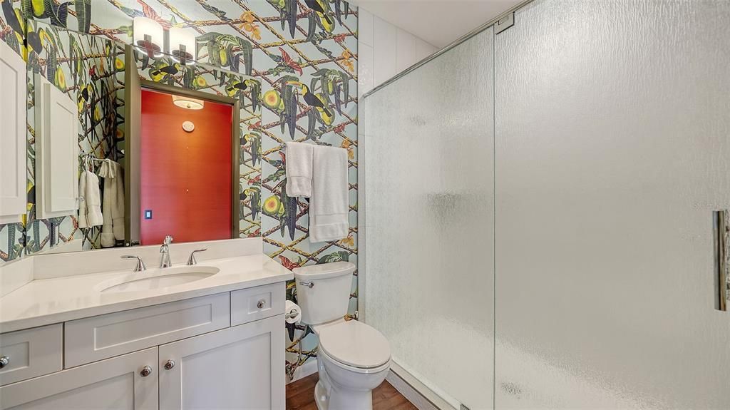 Bathroom, Glass Shower, Interior, Wood Texture Flooring