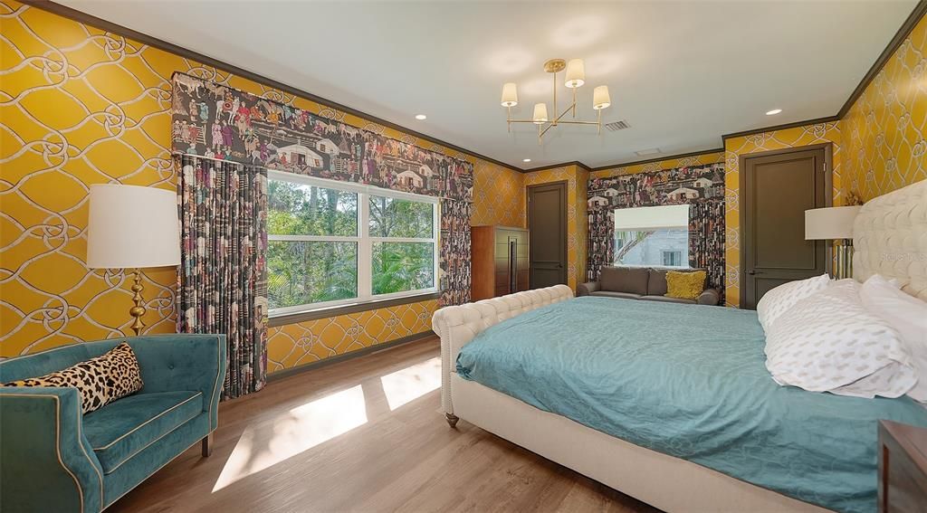 Bedroom, Chandelier, Interior, Recessed Lighting, Wood Texture Flooring