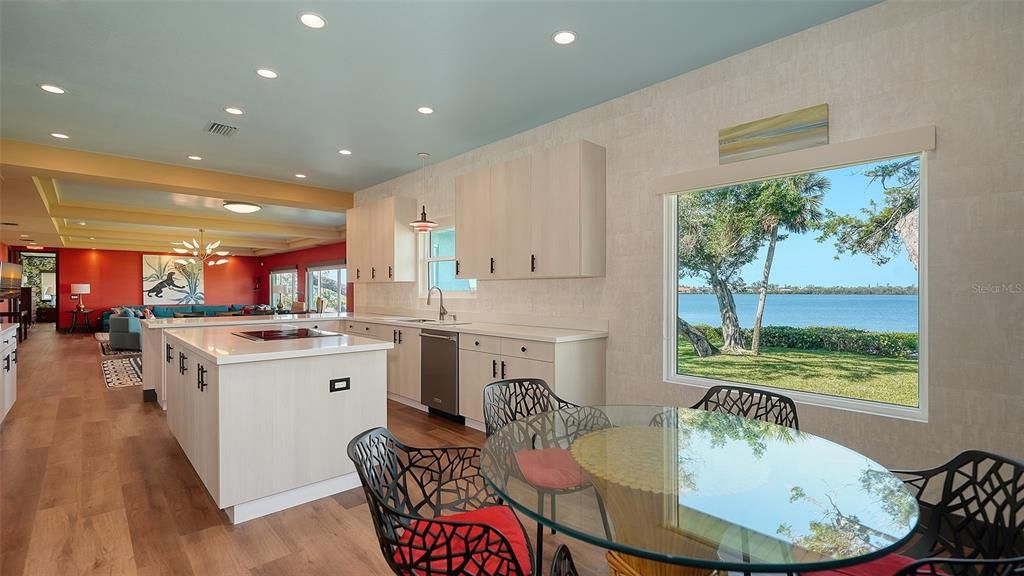 Dining room, Interior, Kitchen, Pendant Lights, Recessed Lighting, Water, Wood Texture Flooring