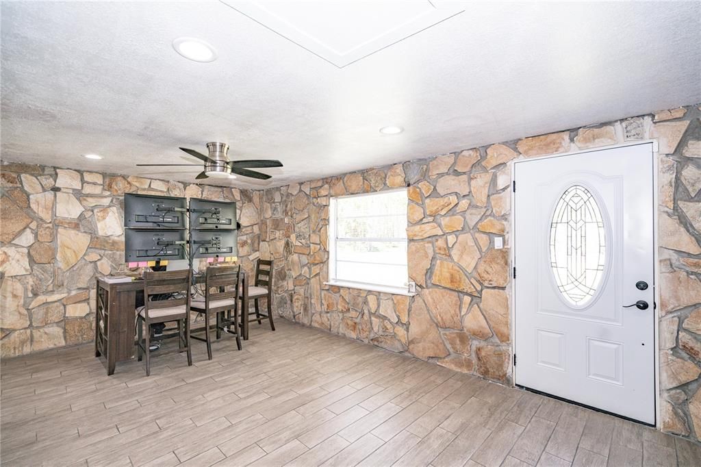 Dining room, Interior, Recessed Lighting, Stone Walls, Wood Texture Flooring
