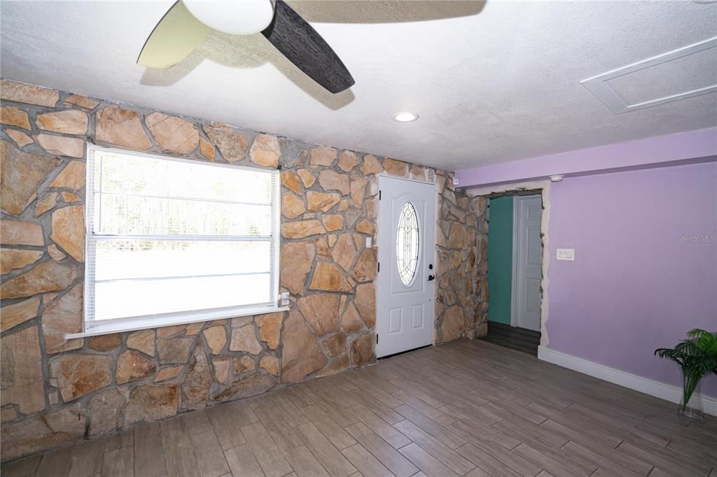 Interior, Recessed Lighting, Stone Walls, Wood Texture Flooring