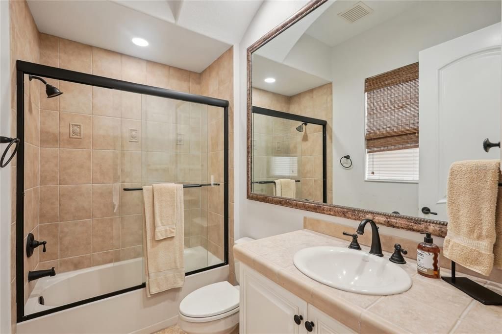 Bathroom, Glass Shower, Interior, Recessed Lighting, Tile Countertops