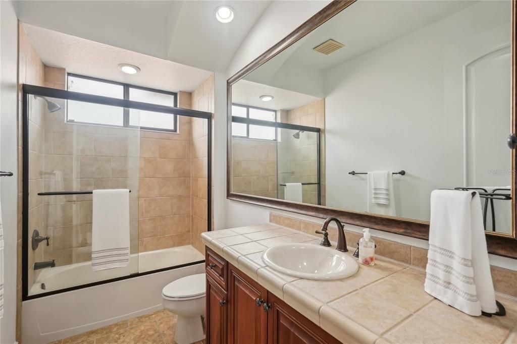 Bathroom, Glass Shower, Interior, Recessed Lighting, Tile Countertops